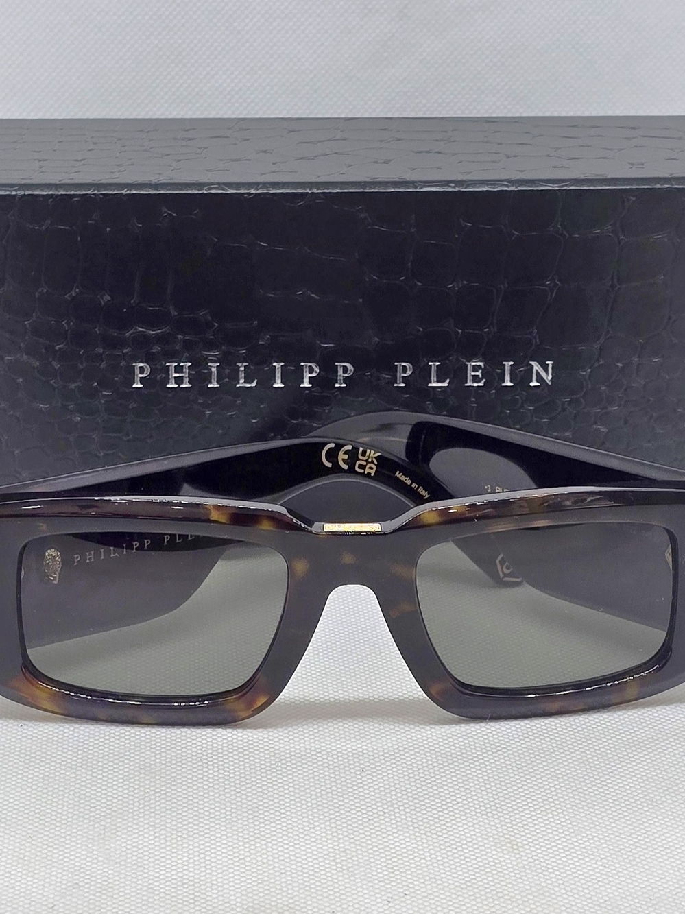 Philipp Plein Tortoiseshell Rectangular Sunglasses with Dark Lenses